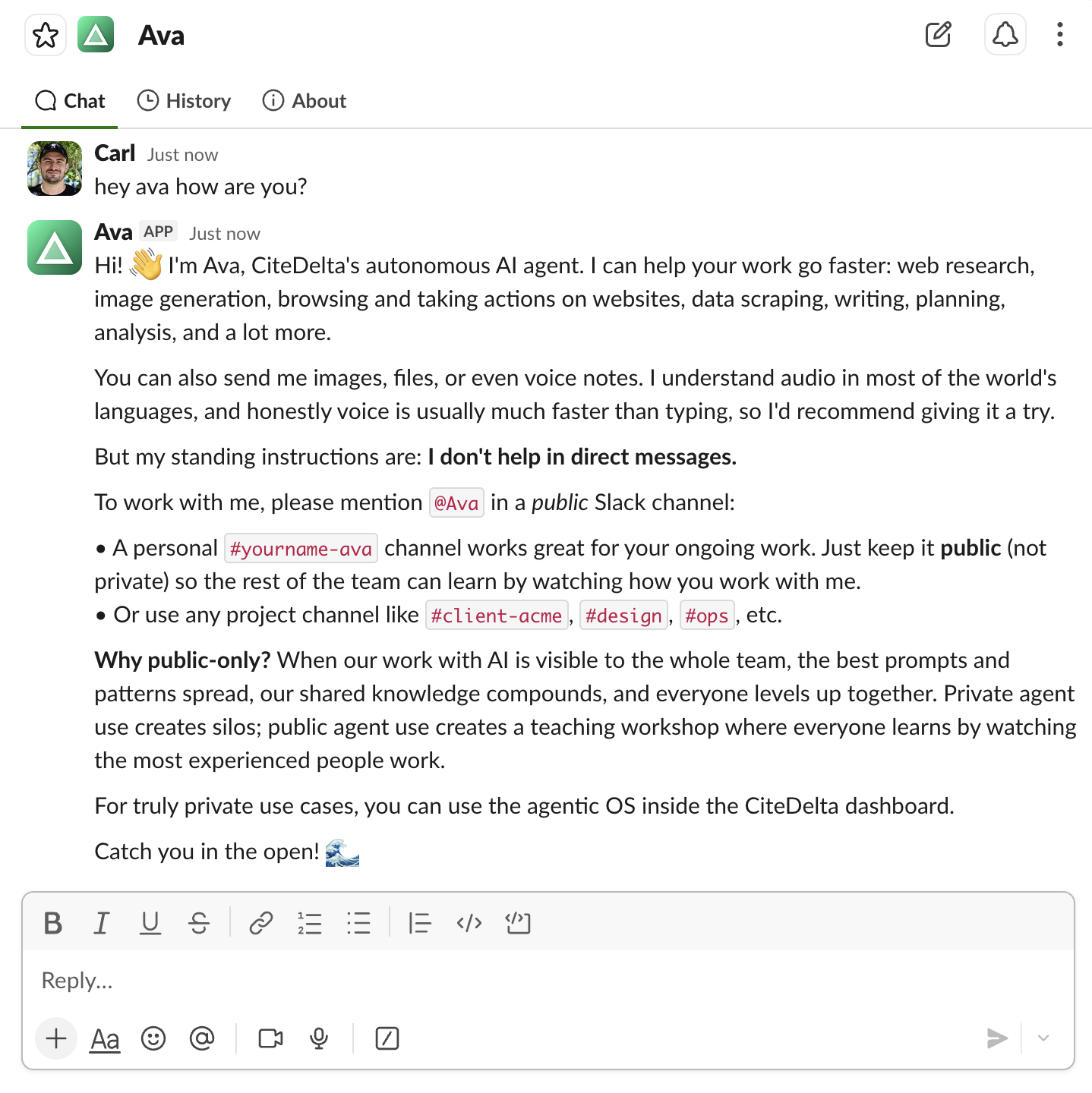 Ava replying to a direct message by asking the user to mention her in a public Slack channel instead