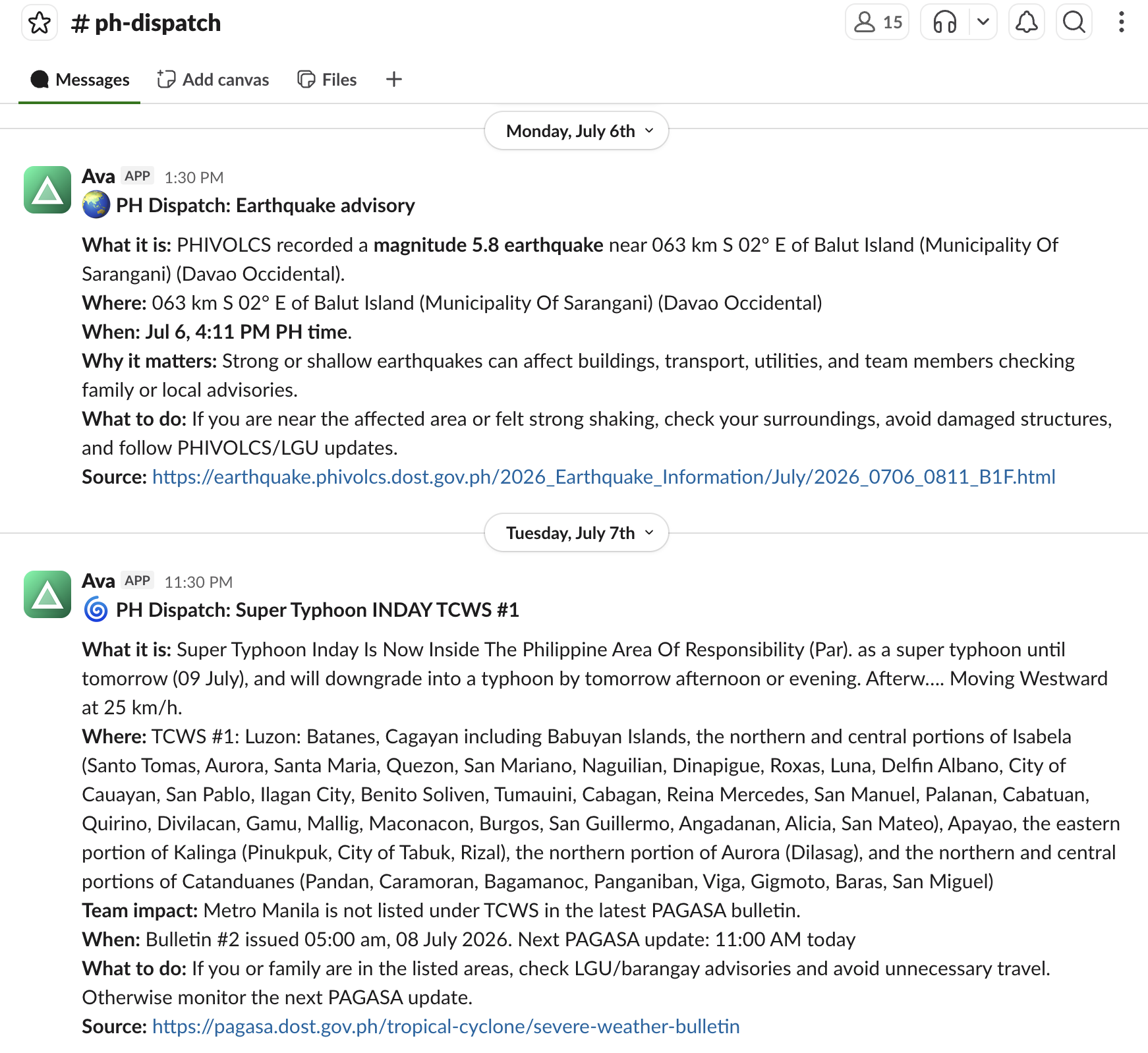 PH Dispatch posting automated earthquake and typhoon safety advisories from official Philippine sources in Slack